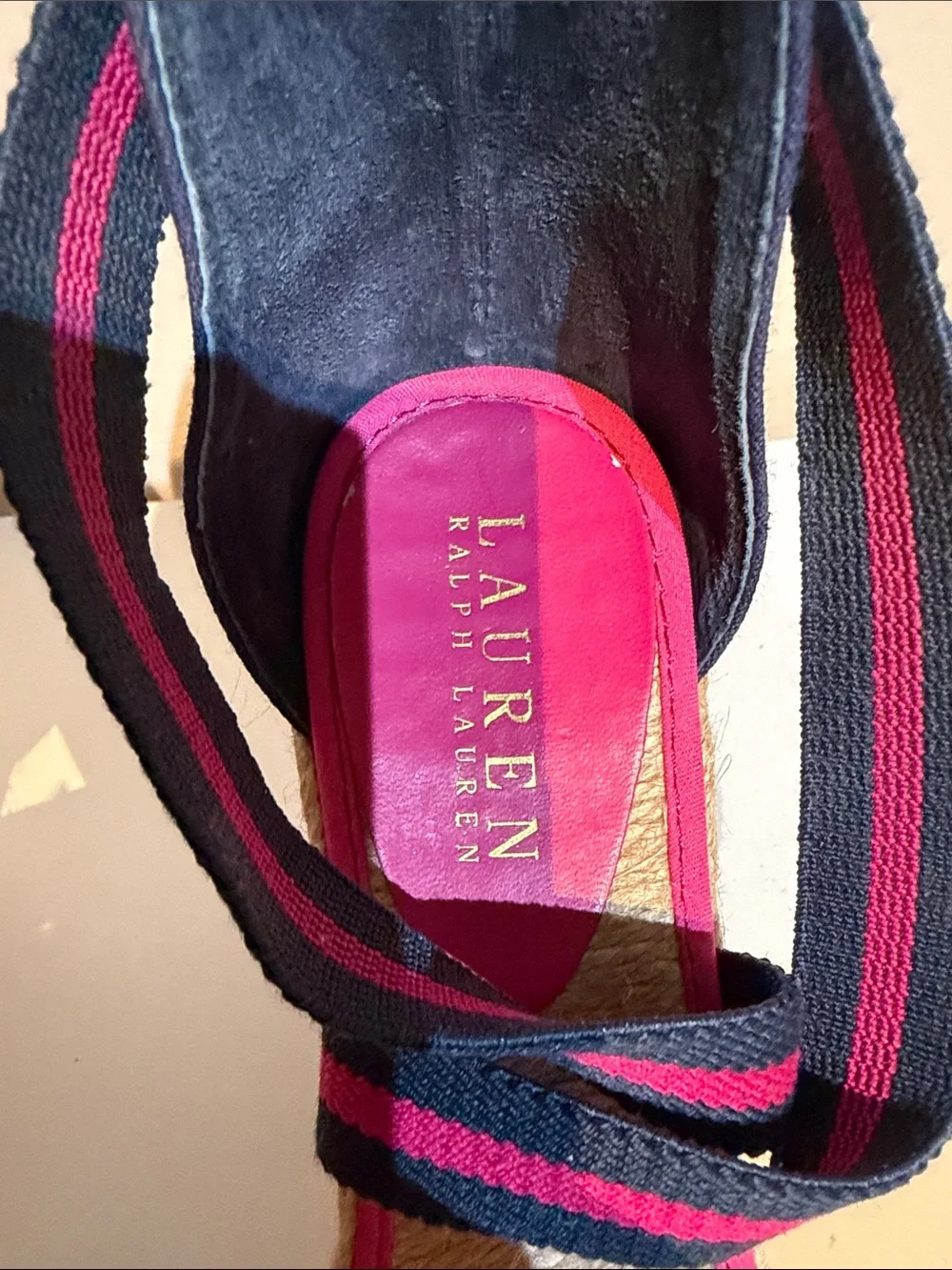 Lauren Ralph Lauren Navy and Pink Striped Wedge Espadrilles
